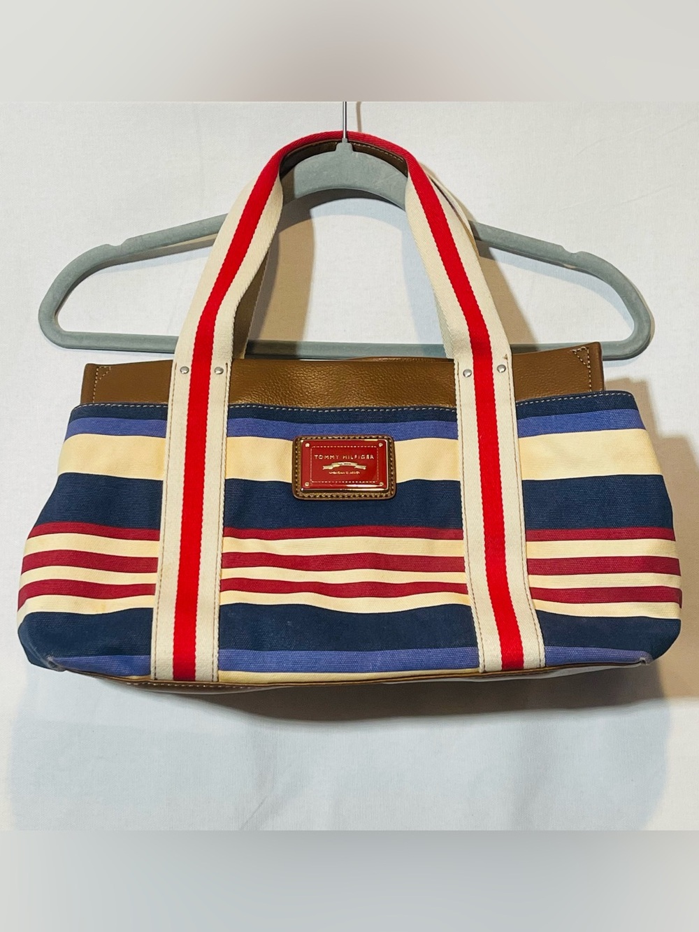 Tommy Hilfiger Navy, Red, Cream & Brown Striped Canvas Tote